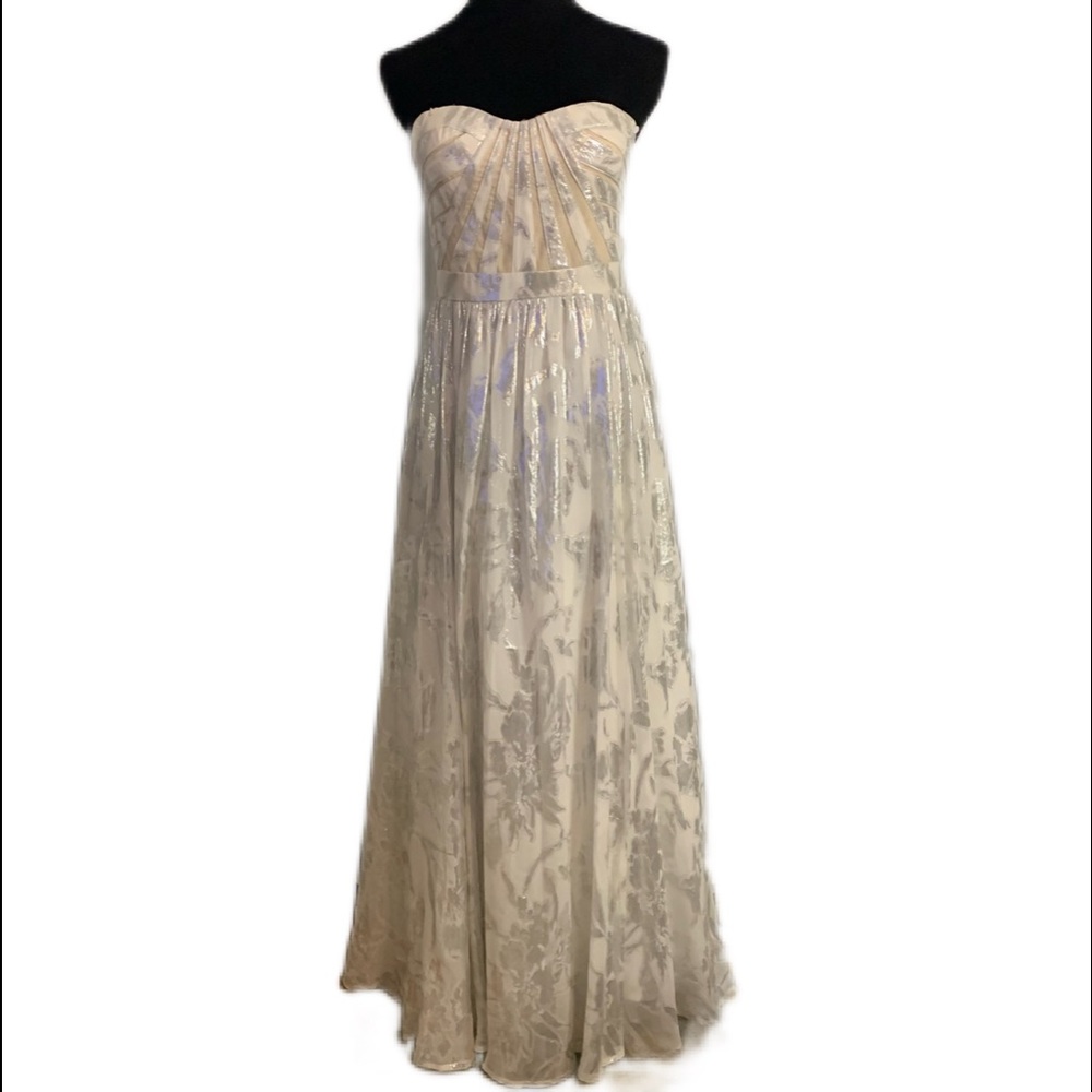Aiden Maddox SZ 8 Silver Metallic and White Silk Wedding Formal Prom Gown